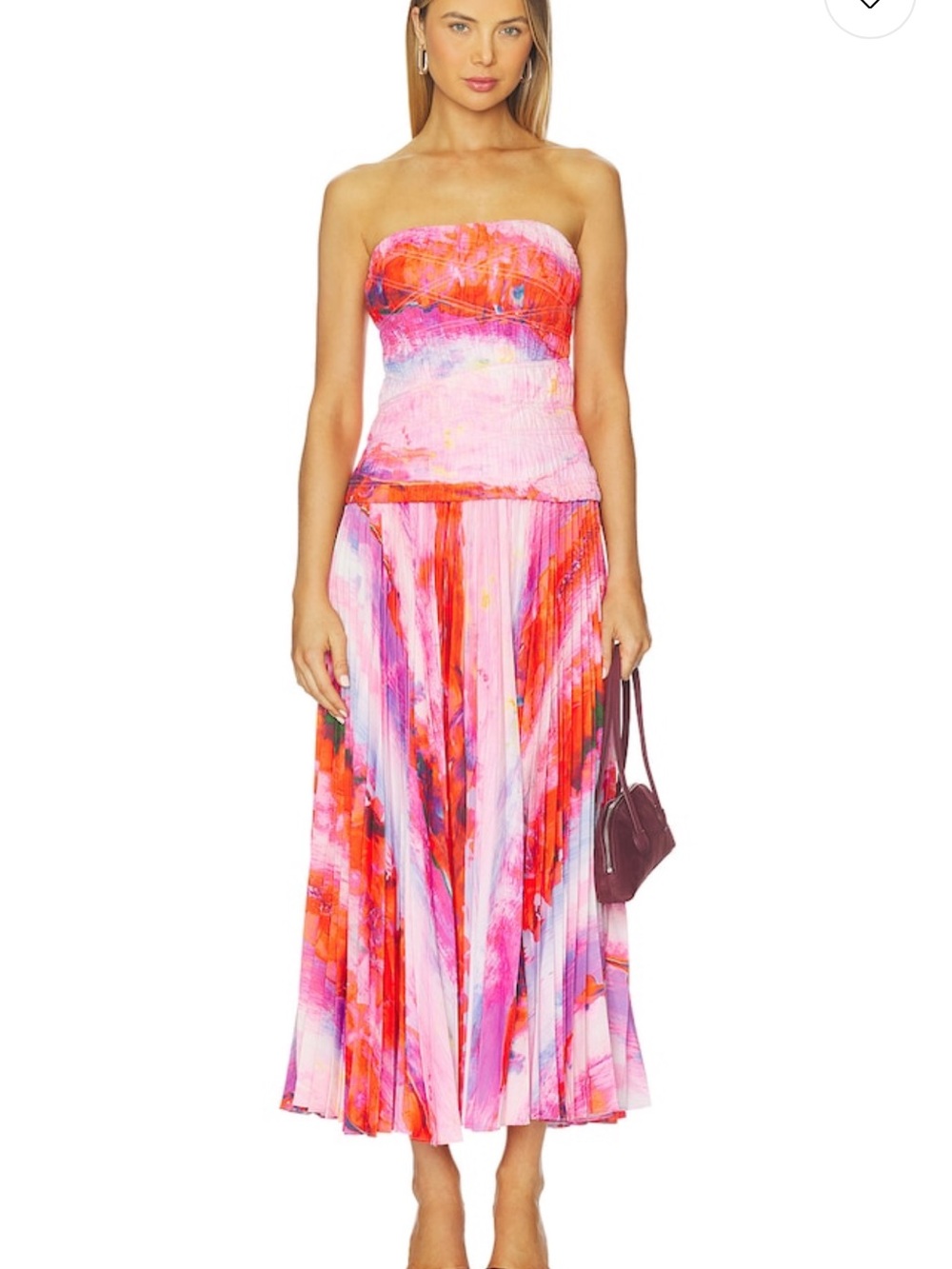 Acler Strapless Midi Dress in Pink and Orange Watercolor
